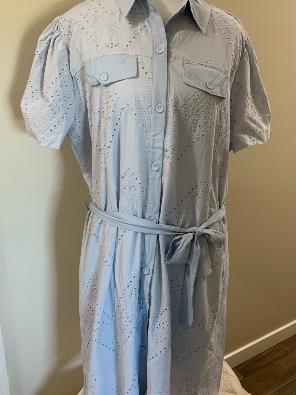 Light Blue Eyelet Shirt Dress with Waist Tie
